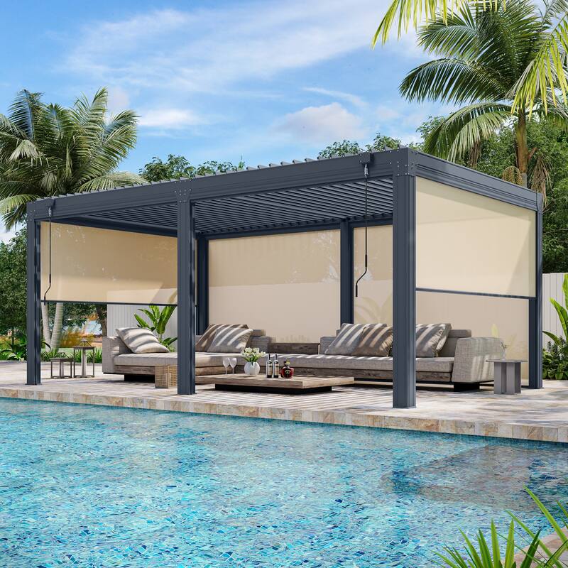 EROMMY Outdoor Louvered Pergola Gazebo with Adjustable Aluminum Rainproof Roof - 12'x20' Pull Down - Dark Gray