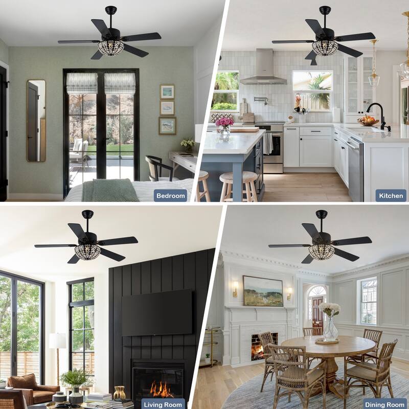 Cusp Barn 52 Inch Modern Crystal Black Ceiling Fan with Light, Noiseless DC Motor 6 Speeds Caged Ceiling Fan for Living Room