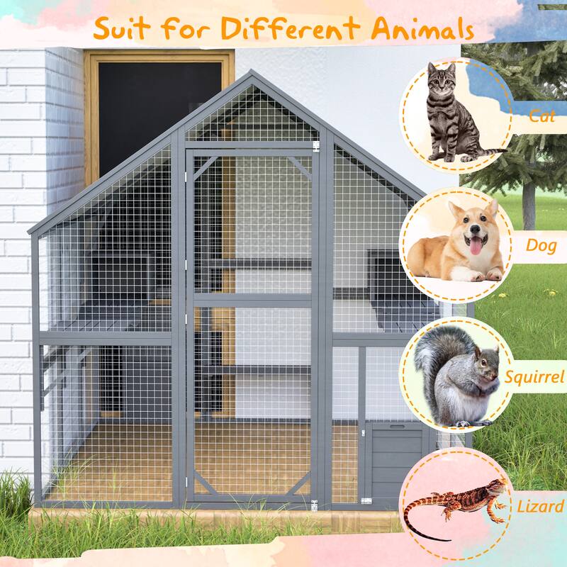 Walk-in Catio with Weatherproof Roof, Catio Outdoor Cat Enclosure with Suspension Bridges, 2 Cozy Cabins & 5 Strolling Paths