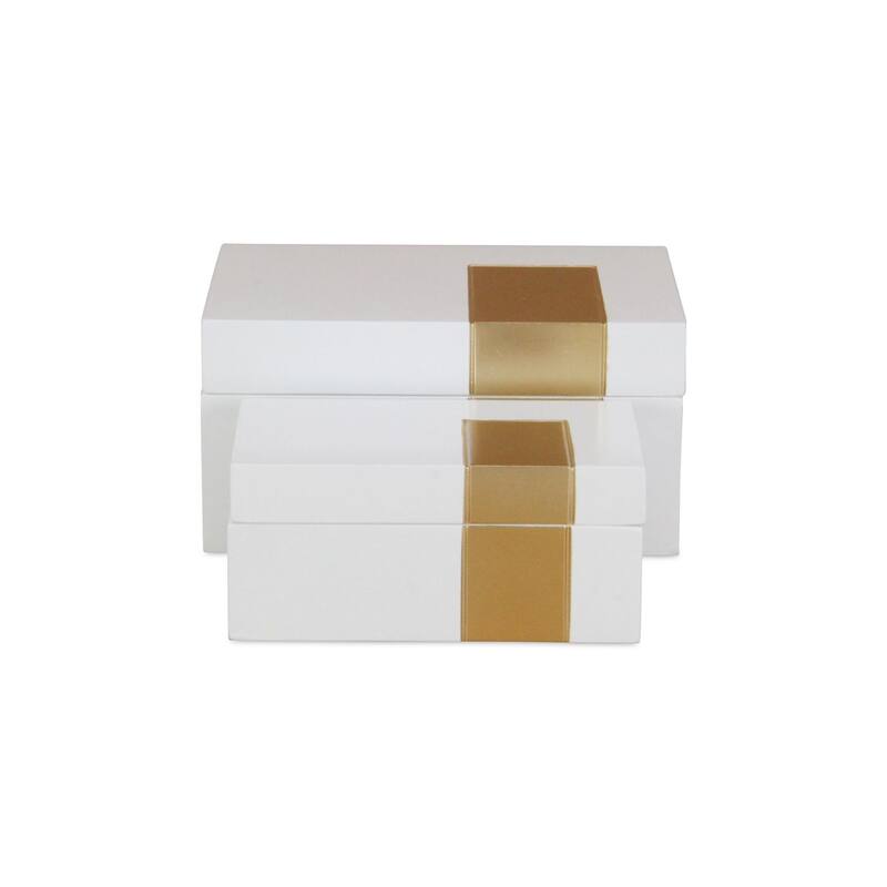 Wooden Accent Boxes with Decorative Band - 10" - White and Gold - Set of 2