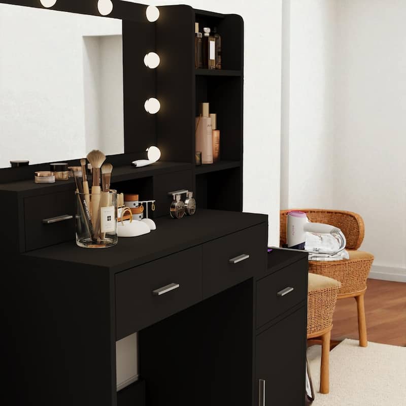 Makeup Vanity Table with LED Mirror, USB Ports, Hair Dryer Holder, Storage Shelves, 4 Drawers & Cabinet for Bedroom