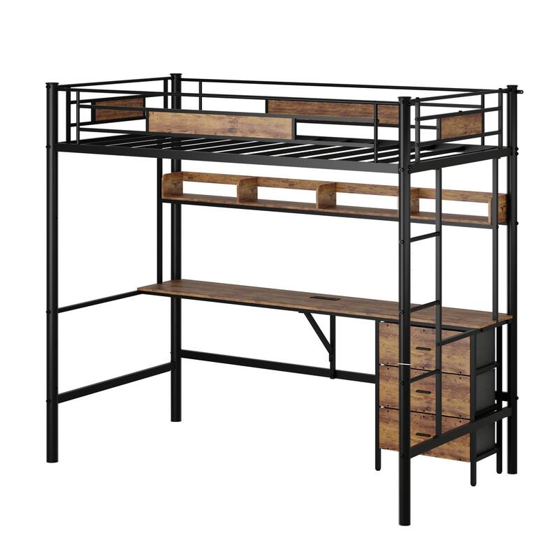 Twin Size Metal Loft Bed with Desk, Heavy Duty Metal High Loftbed Frame, Built In Wood Desk with Charging Station and 3 Drawers