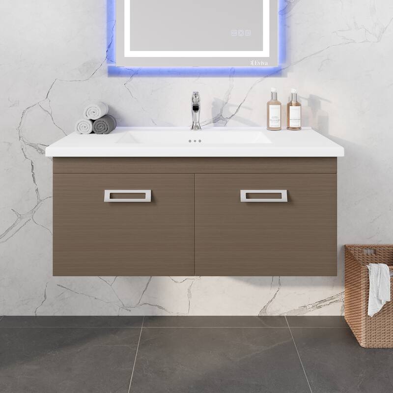 Eviva Orleans 38"W x 20"D Wall Mount Bathroom Vanity with White Porcelain Countertop and Integrated Sink - Brown