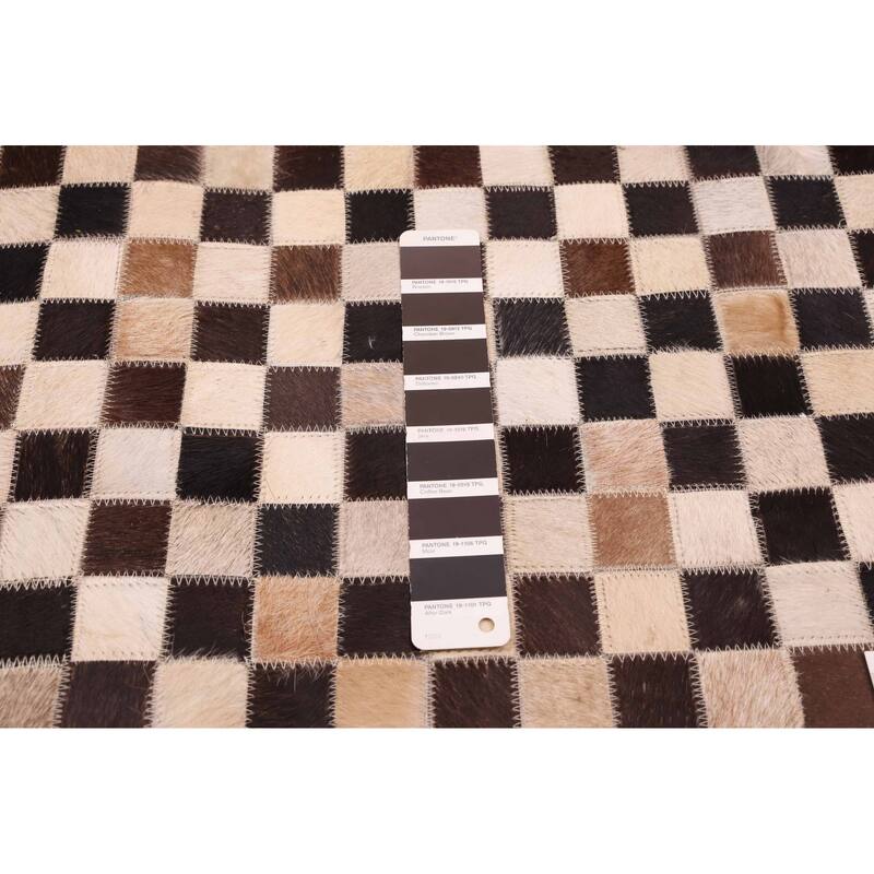 ECARPETGALLERY Handmade Cowhide Patchwork Dark Brown Leather Rug - 6'2 x 6'2