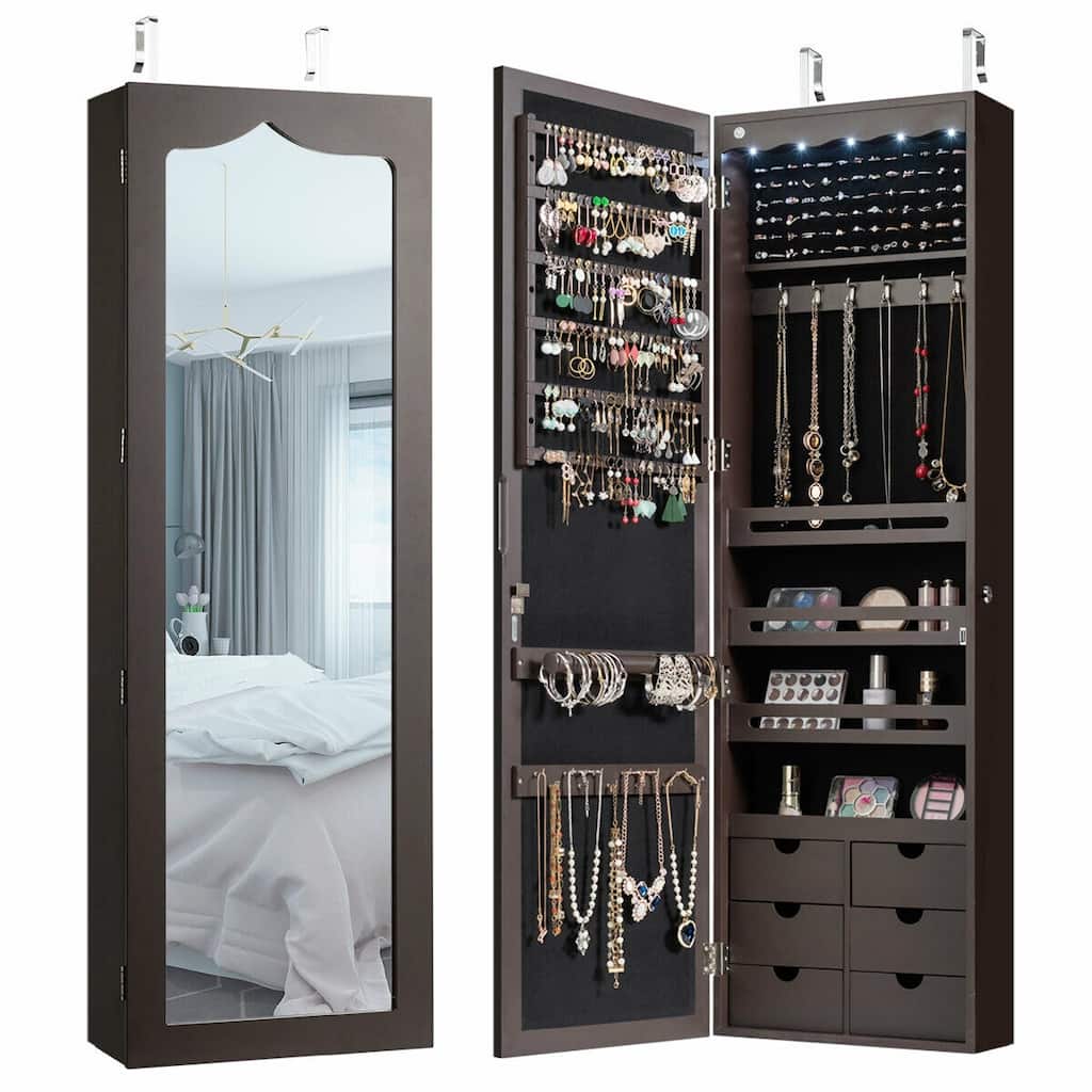 Gymax Lockable Wall Door Mounted Jewelry Cabinet LED Mirror Brown - See Details