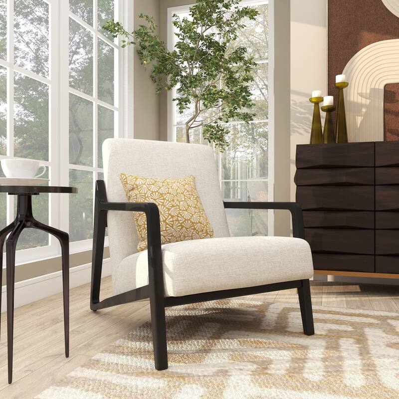 Polyester Mid Century Modern Boucle Accent Chair with Black Wood Frame - Cream - Roche River Decor