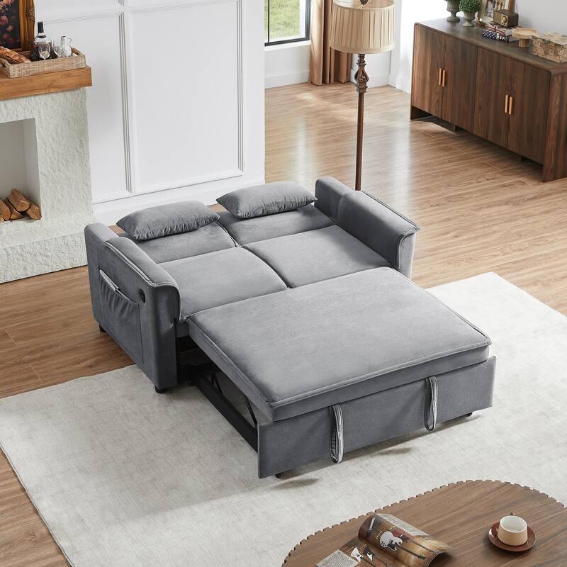 Loveseat Convertible Pull-out Sleeper Sofa Bed, Adjustable Backrest Tufted Couch with USB Ports and 2 Pillows Recliner Sofa