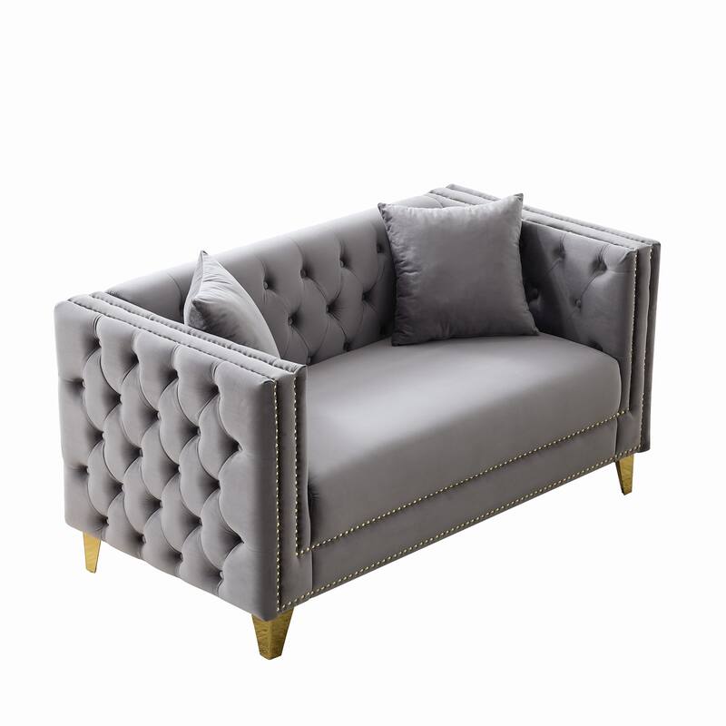 Roomfitters 58" Modern Tuxedo Loveseat with Buttoned Back and Gold Legs, Upholstered Couch with Double Nailhead Trim