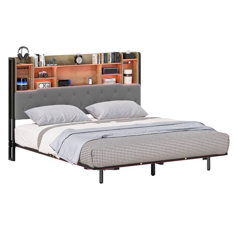 Moasis Floating Bed Frame Upholstered Platform Bed with RGB LED Lights Headboard Storage and Charging Station