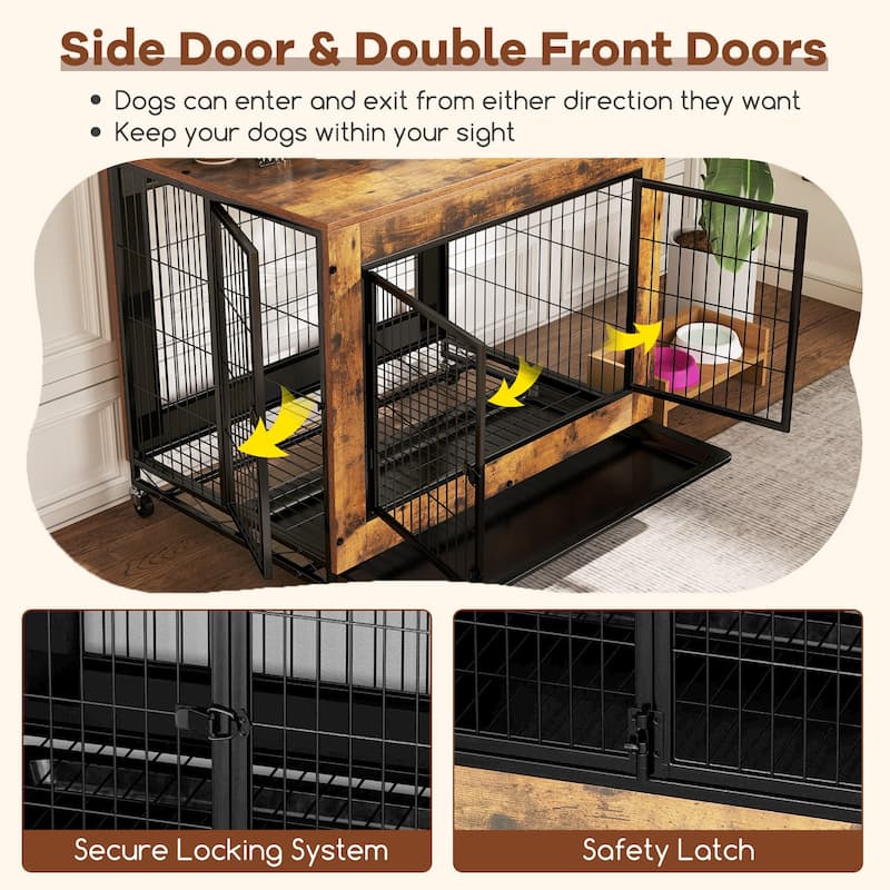 Wooden Dog Crate/Kennel with Flip-Top, Tray and 3 Lockable Doors and Wheels - 38" x 25" x 30.5" (L x W x H)