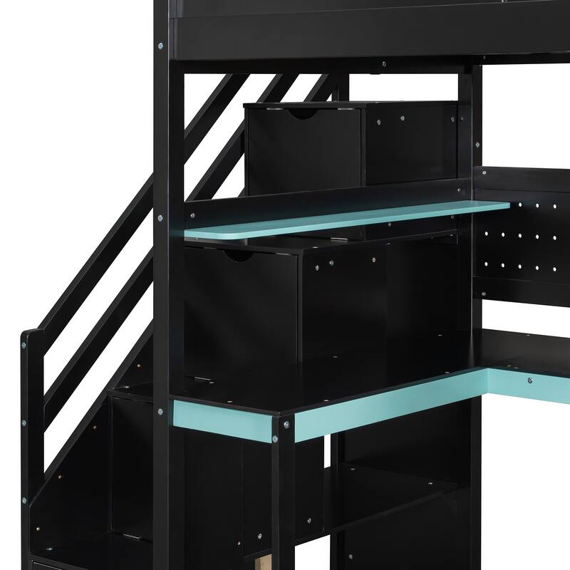 Gaming Loft Bed with Desk - Full/Twin, Includes Storage Stairs, Shelves & Pegboard