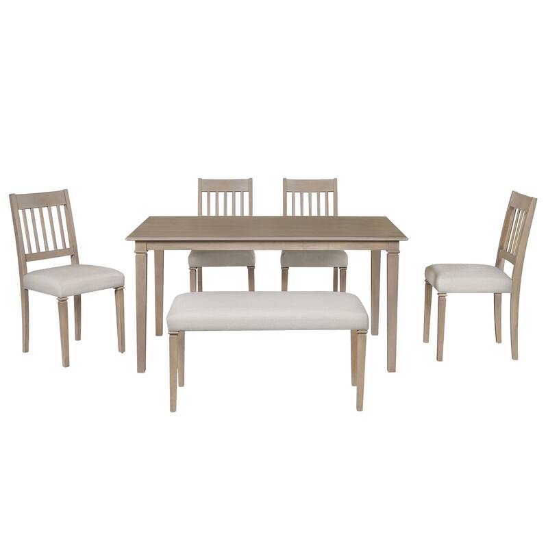 6-Piece Retro Dining Room Set, Classic Kitchen Furniture Set,Wooden Rectangular Table And 4 Chairs With Bench