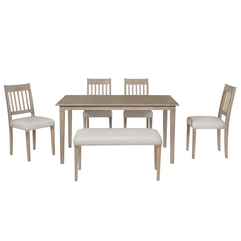 6 Piece Retro Dining Room Set, Kitchen Furniture Set with Wooden Rectangular Table and 4 Chairs, Bench for Kitchen