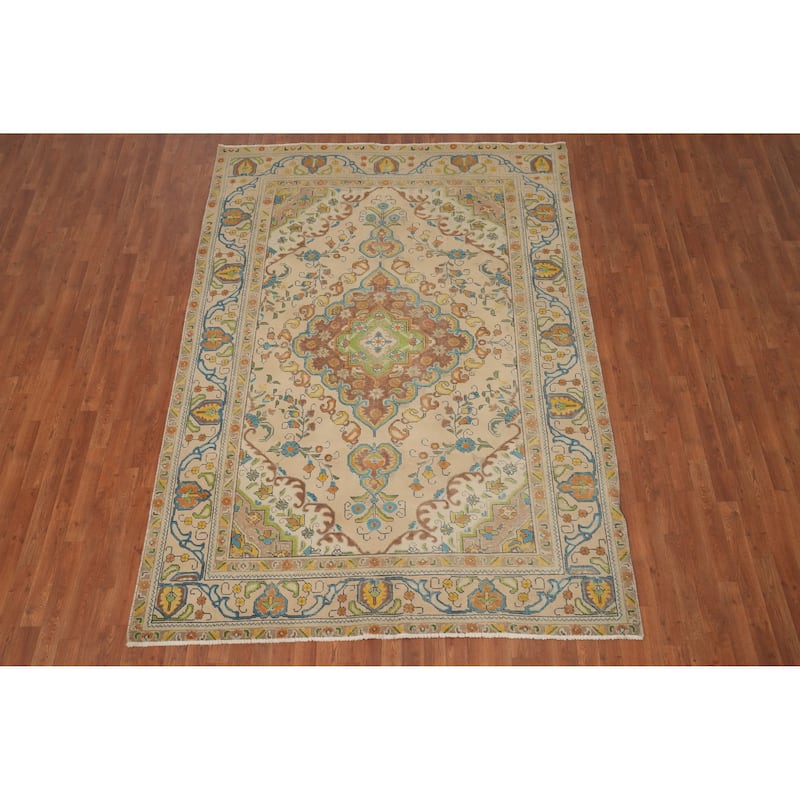 Hand Knotted Oriental 100% Wool Carpet Traditional Floral Beige & Ivories Tabriz Area Rug - 9' 5'' X 6' 8''