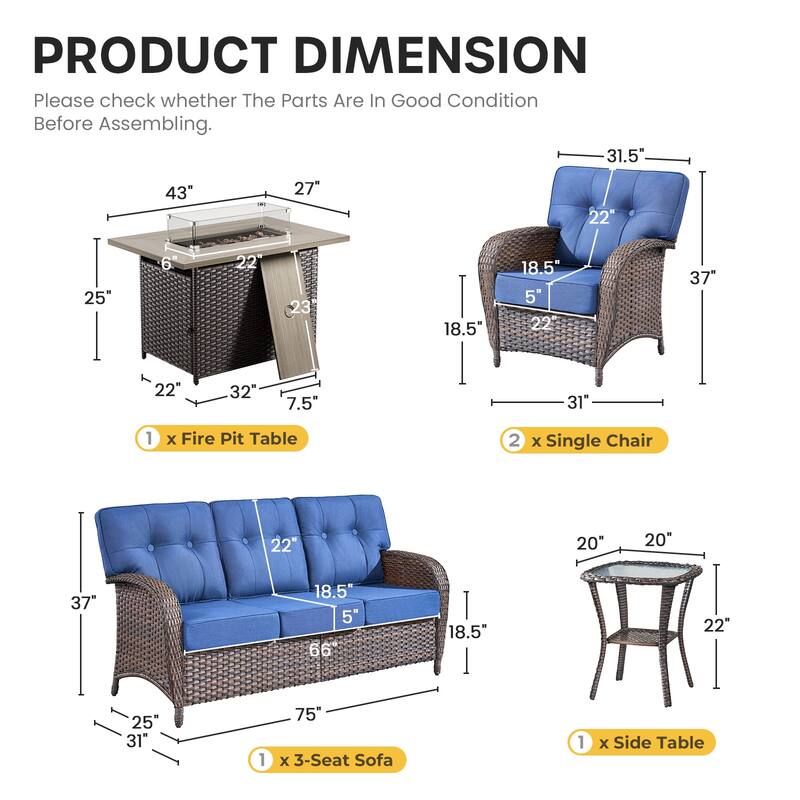 Gymojoy 5-Piece Outdoor Wicker Patio Furniture Sofa Set with 55,000 BTU Fire Pit Table, Thick Cushions
