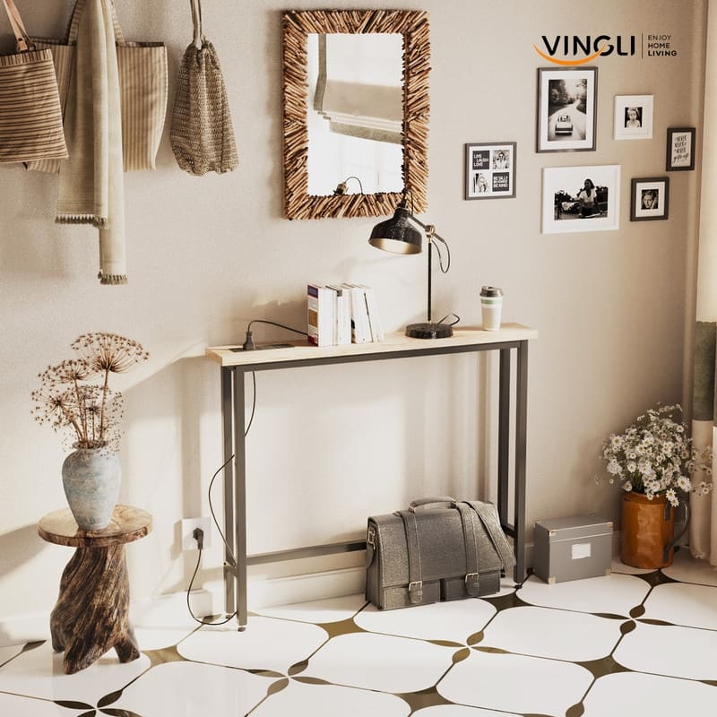 VINGLI 1-Piece Melamine + Iron Hall Table with Power Strip