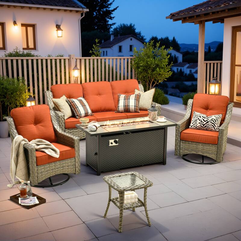 XIZZI 5-Piece Wicker Patio Furniture Set with Sofa, Swivel Chairs & Fire Pit - Red/Orange