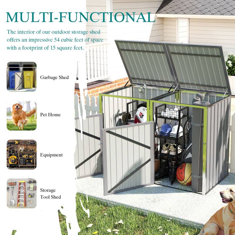 Garbage Bin Shed Stores 2 Trash Cans Metal Outdoor Bin Shed for Garbage Storage, 54 cubic feet of space
