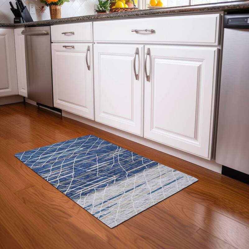 Machine Washable Indoor/ Outdoor Modern Global Chantille Rug - Navy - 1'8" x 2'6"