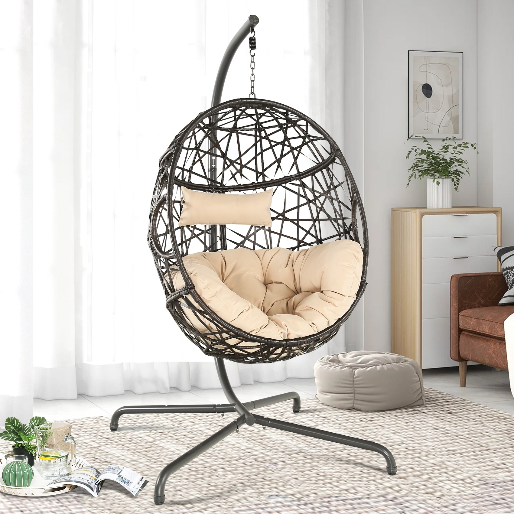 Swing Egg Chair with Stand and Cushion for Indoor Outdoor Use On