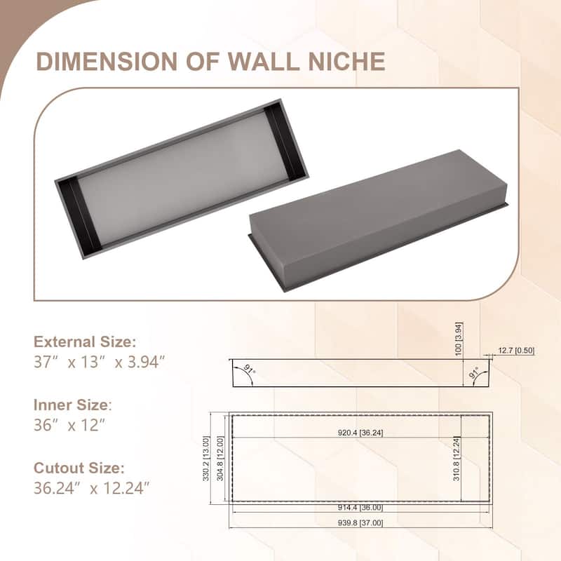 Lordear Brushed Stainless Steel 36'' x 12'' Bath Shower Niche Bathroom Storage