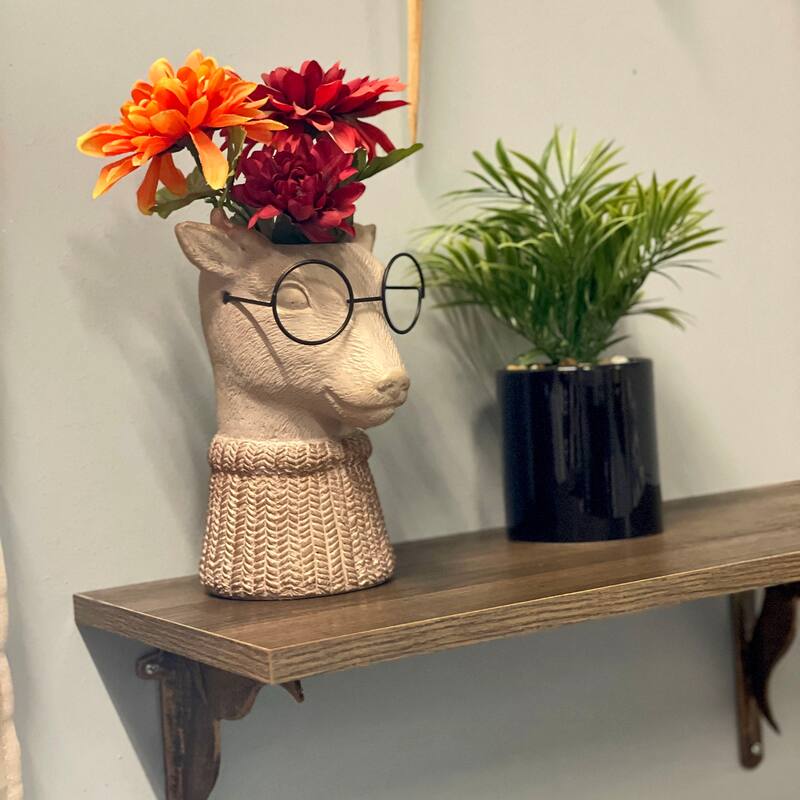 Bespectacled Deer Cement Vase 8.7" Gold Accents Knit Scarf Real Wire
