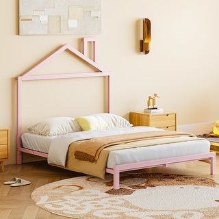 Full Size Metal Platform Bed with House-Shaped Headboard for Kids