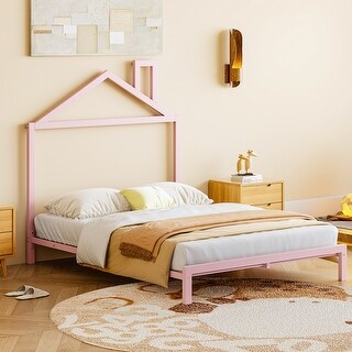 Pink Full Size Metal Platform Bed with House-Shaped Headboard