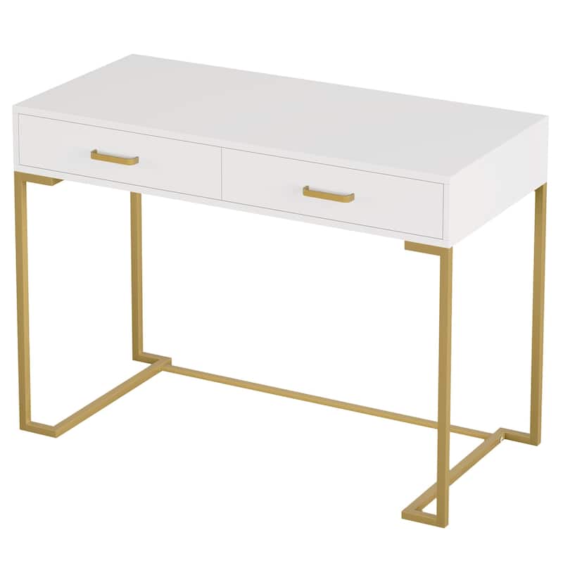40"White and Gold Computer Desk with 2 Drawers, Modern Home Office Desk, Compact Writing Table, Vanity Desk for Bedroom