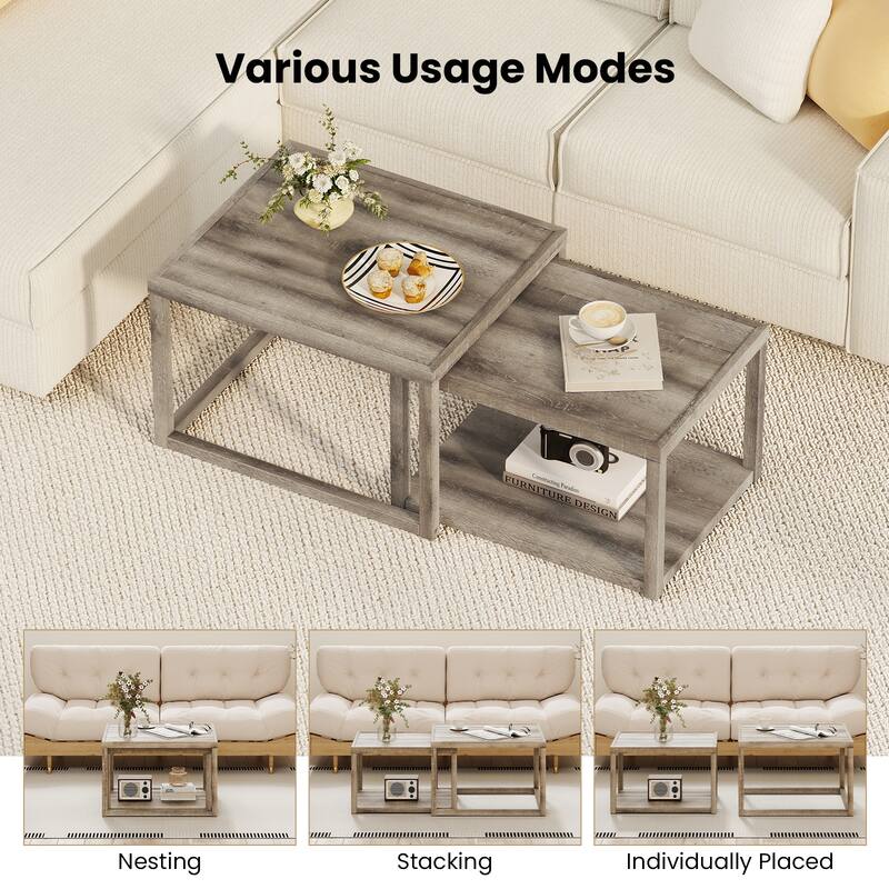 Gymax Nesting Coffee Table Set of 2 Stackable Rectangular End Tables