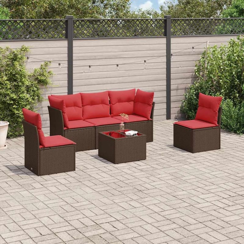 vidaXL 5/6 Piece Patio Sofa Set with Cushions Brown/Gray Poly Rattan - 24.4 x 24.4 x 27.2 - Brown and red With table