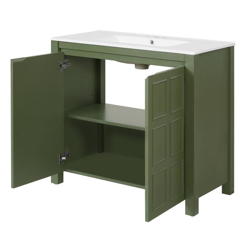 36" Bathroom Vanity with Ceramic Sink, Solid Wood Frame Bathroom Storage Cabinet