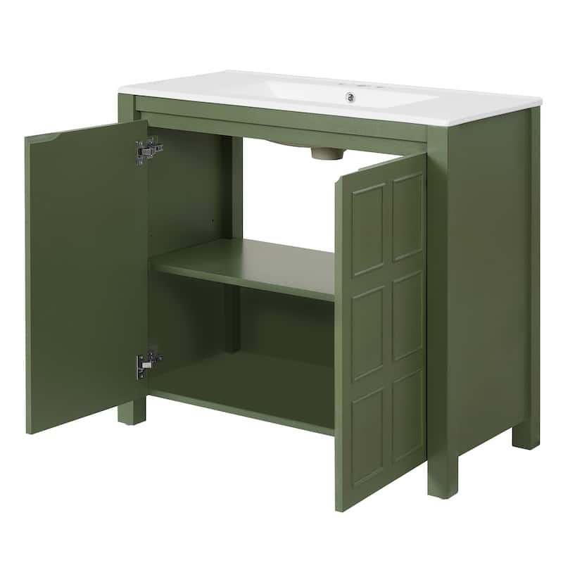 36"Bathroom Vanity Organizer with Ceramic Sink, Set Bathroom Storage Cabinet, Olive Green
