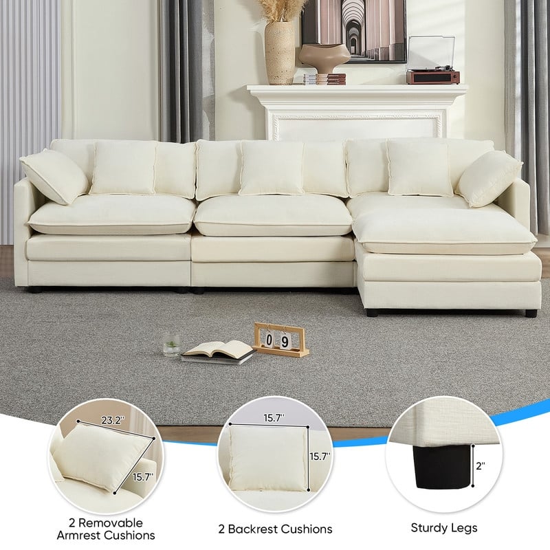 Mixoy 113''L-Shaped Modular Sectional Sofa,Modern Chenille 4-Seater Cloud Couch with Ottoman and Thickened Cushion