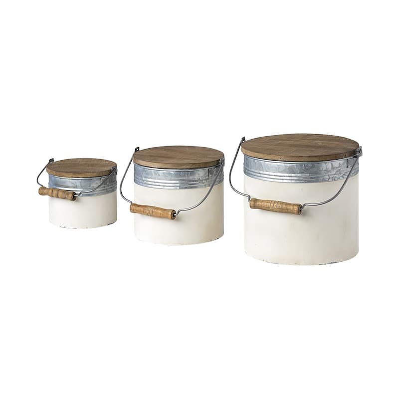 Set of Three Rustic White Metal Storage Cans - 7"W x 8"D x 13"H