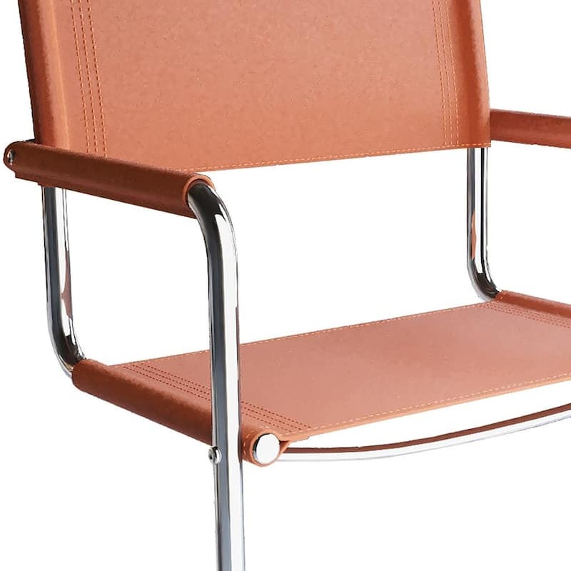 HomeRoots 23" Silver And Terra Cotta Leather and Stainless Steel Arm Chair - 22.95 in. x 31.30 in. x 23.62 in.