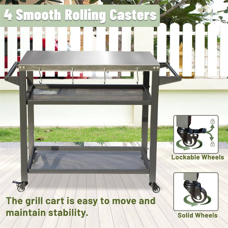 GDFStudio - Kendrick 3-Tier Outdoor Grill Table with Rolling Wheels and Multifunctional Prep Surface