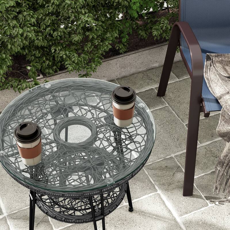 Dana Boho 19-inch Outdoor Patio Wicker Round Coffee Table with Tempered Glass Top and Metal Legs by M&L Co.