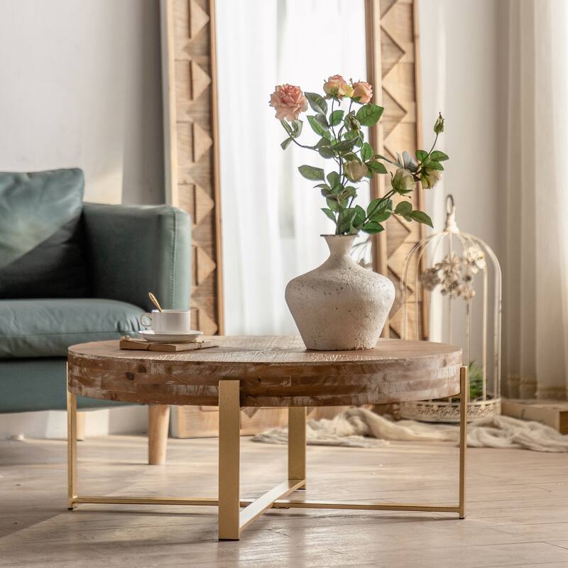 31.29" Splicing Round Coffee Table,Fir Wood Table Top with Gold Cross Legs Base - Brown