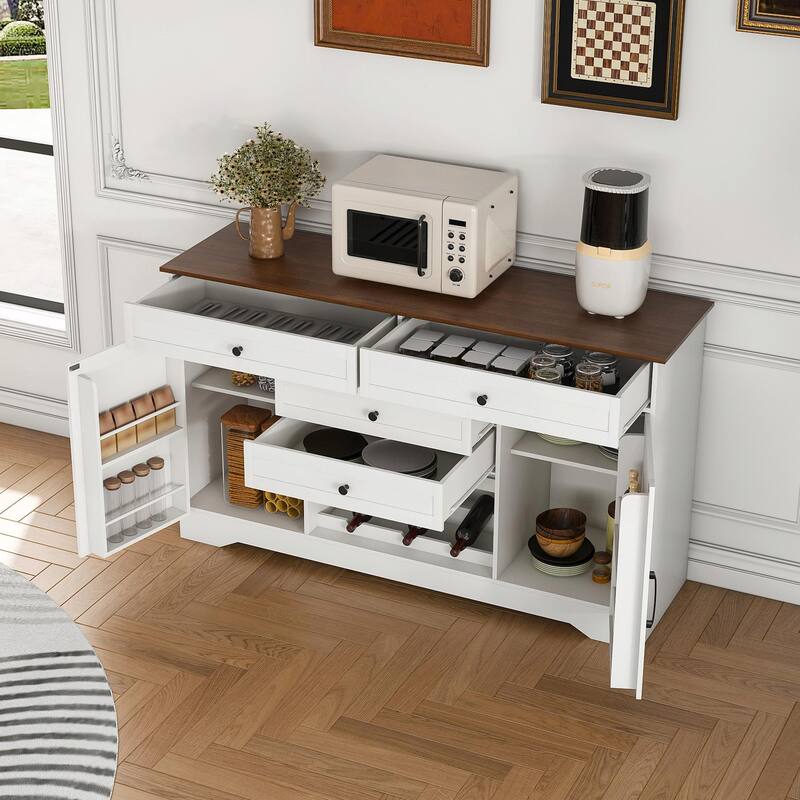 Farmhouse Buffet Sideboard with Storage, Drawers & Wine Rack - Walnut Finish