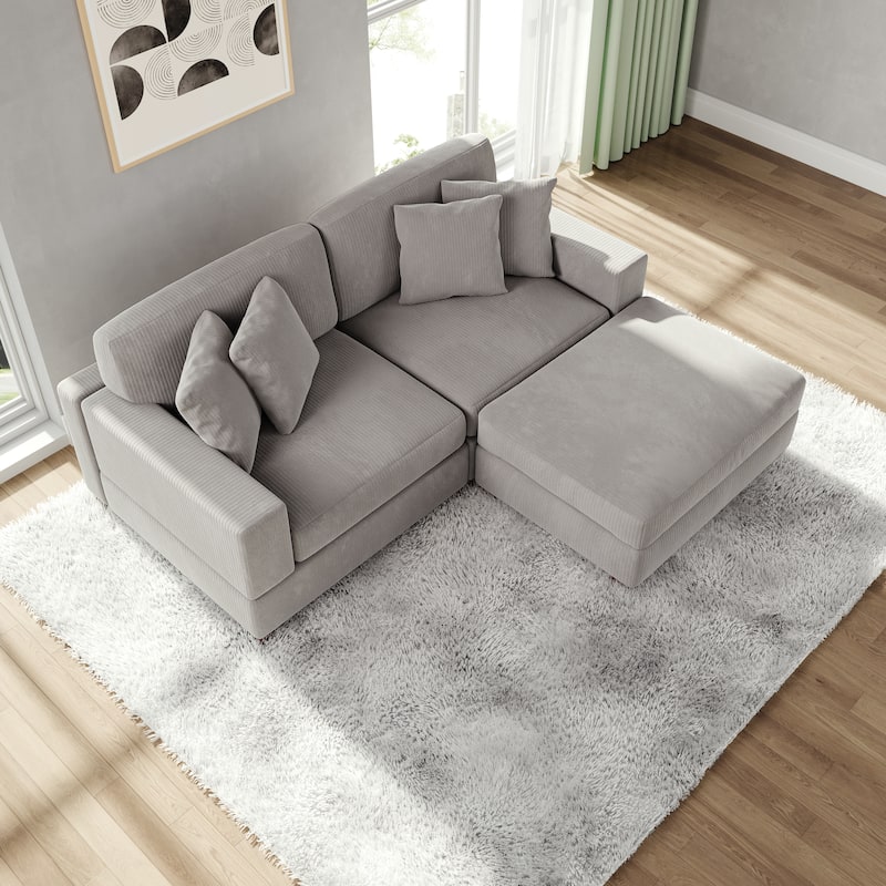 Modular Corduroy Sectional Sofa Set Chaise Couch with Ottoman