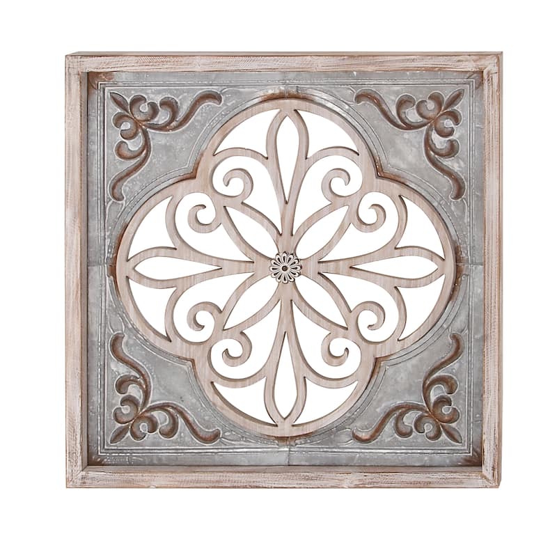 Metal Scroll Cutout Wall Decor with Brown Wood Accents - Gray - Roche River Decor