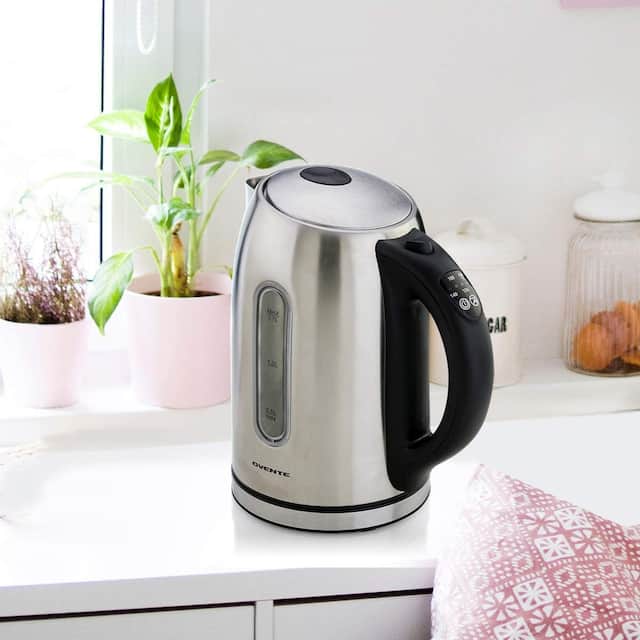 Ovente Electric Stainless Steel Hot Water Kettle 1.7 Liter with 5 Temperature Control & Concealed Heating Element, Silver