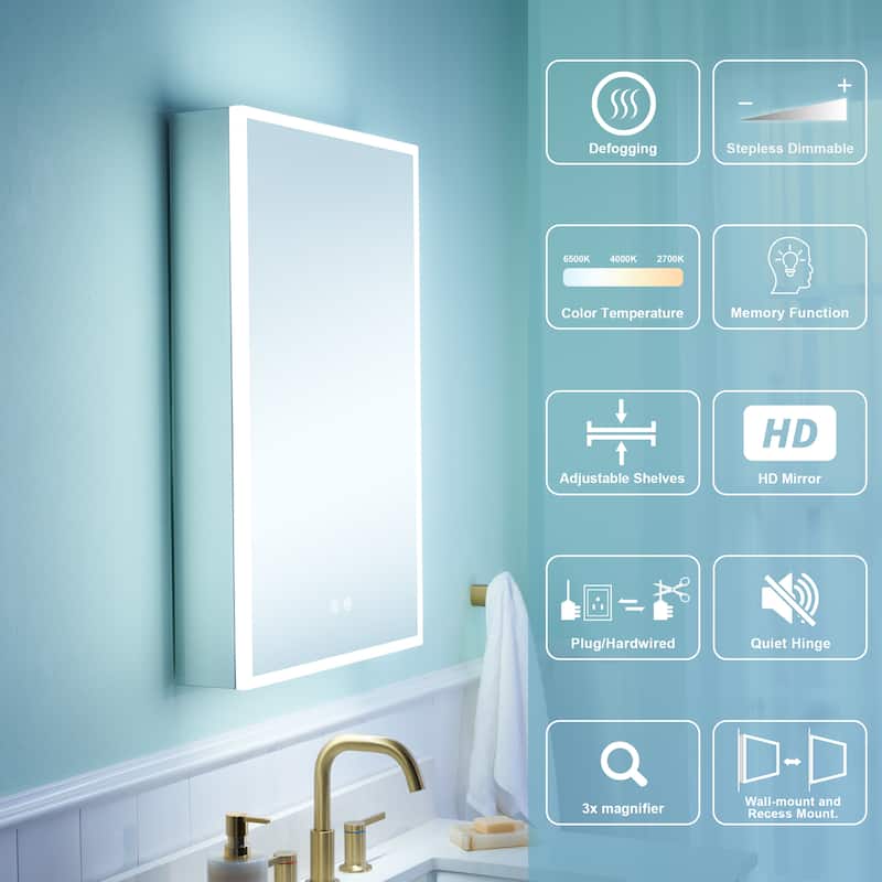 30'' H Recessed or Surface Frameless LED Mirror Cabinet With Defogger, Dimmer, Outlets & USB Ports 