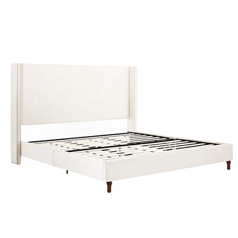 King Bed with 54 Inch High Headboard, Velvet Upholstery, Nailhead Trim, and Walnut Wood Feet