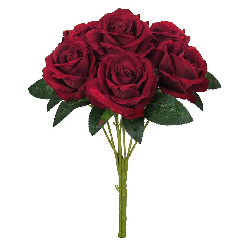 Set of 2 Red Artificial Velvet Rose Flower Stem Bush Bouquet 16in - 16" L x 11" W x 11" DP