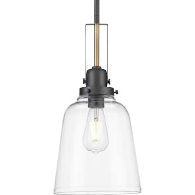 Rushton Collection 1-Light Graphite Clear Glass Industrial Pendant Hanging Light - 8.5 in x 8.5 in x 16.87 in
