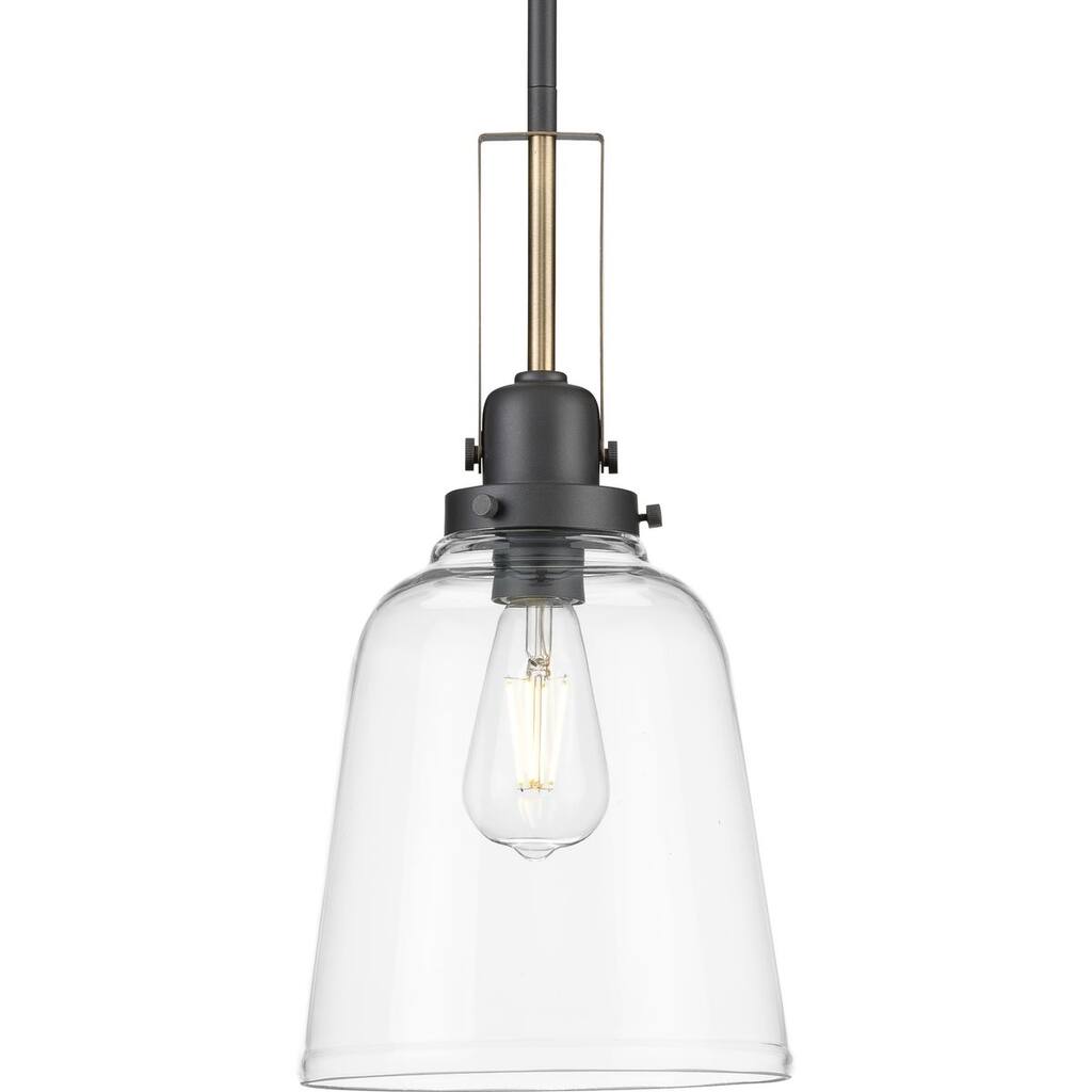 Rushton Collection 1-Light Graphite Clear Glass Industrial Pendant Hanging Light - 8.5 in x 8.5 in x 16.87 in