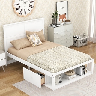 Modern Full Size Platform Bed With Drawers And Shelf - White Grey 