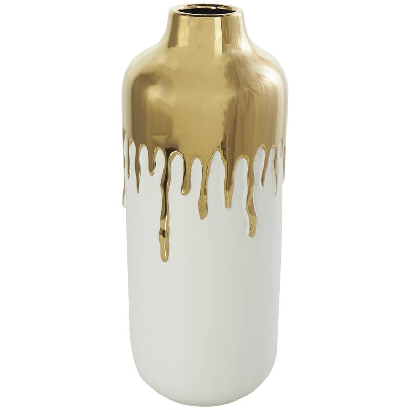 Ceramic Decorative Vase with Abstract Gold Melting Drips - White - CosmoLiving by Cosmopolitan
